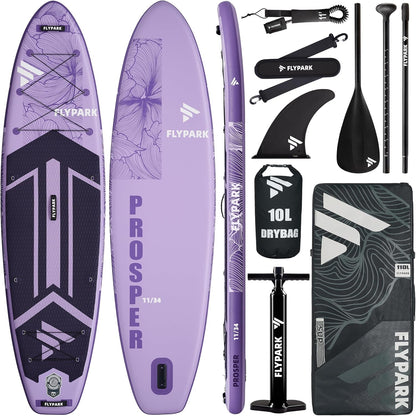 Flypark 11'x34 Inflatable Paddle Boards, Extra Wide SUP for 420lbs/3Adults, Yoga Stand Up Paddle Board, 110L Backpack, 15 D-Rings, Shoulder Strap, US-Fin, 2-Action Pump