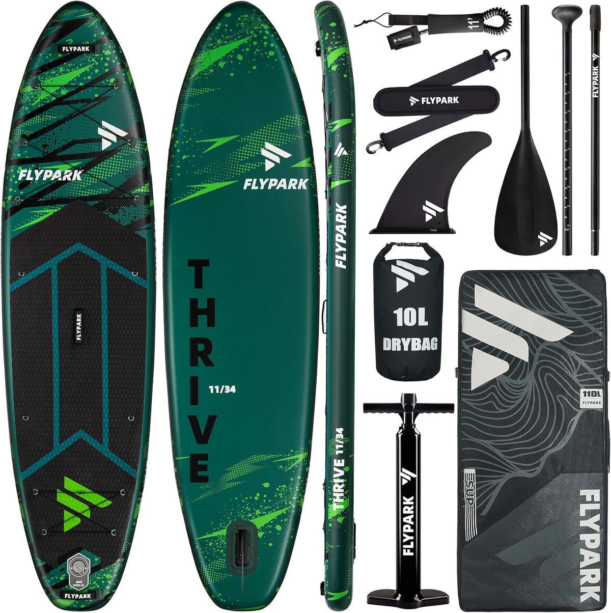 Flypark 11'x34 Inflatable Paddle Boards, Extra Wide SUP for 420lbs/3Adults, Yoga Stand Up Paddle Board, 110L Backpack, 15 D-Rings, Shoulder Strap, US-Fin, 2-Action Pump