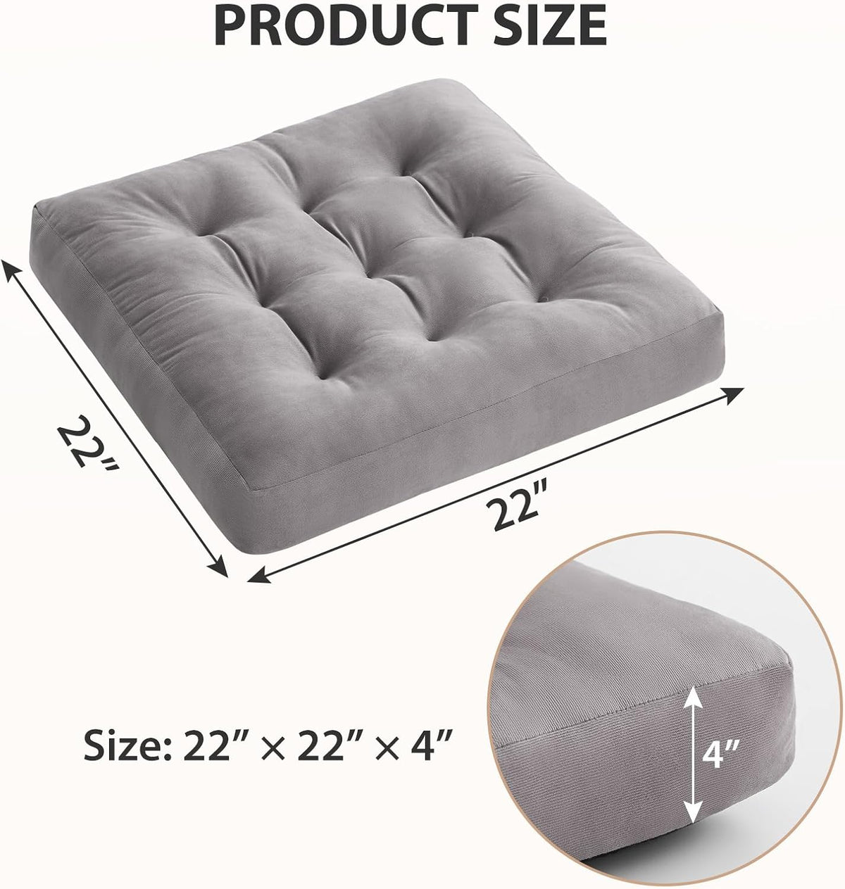 Meditation Floor Pillow Set of 2, Square Large Pillows Seating for Adults, Meditation Cushion Pillow,Tufted Corduroy Cushion for Tatami Living Room or Yoga, Light Gray, 22x22 Inch