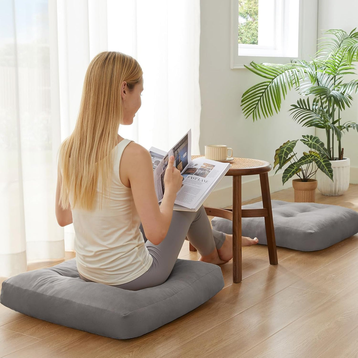 Meditation Floor Pillow Set of 2, Square Large Pillows Seating for Adults, Meditation Cushion Pillow,Tufted Corduroy Cushion for Tatami Living Room or Yoga, Light Gray, 22x22 Inch