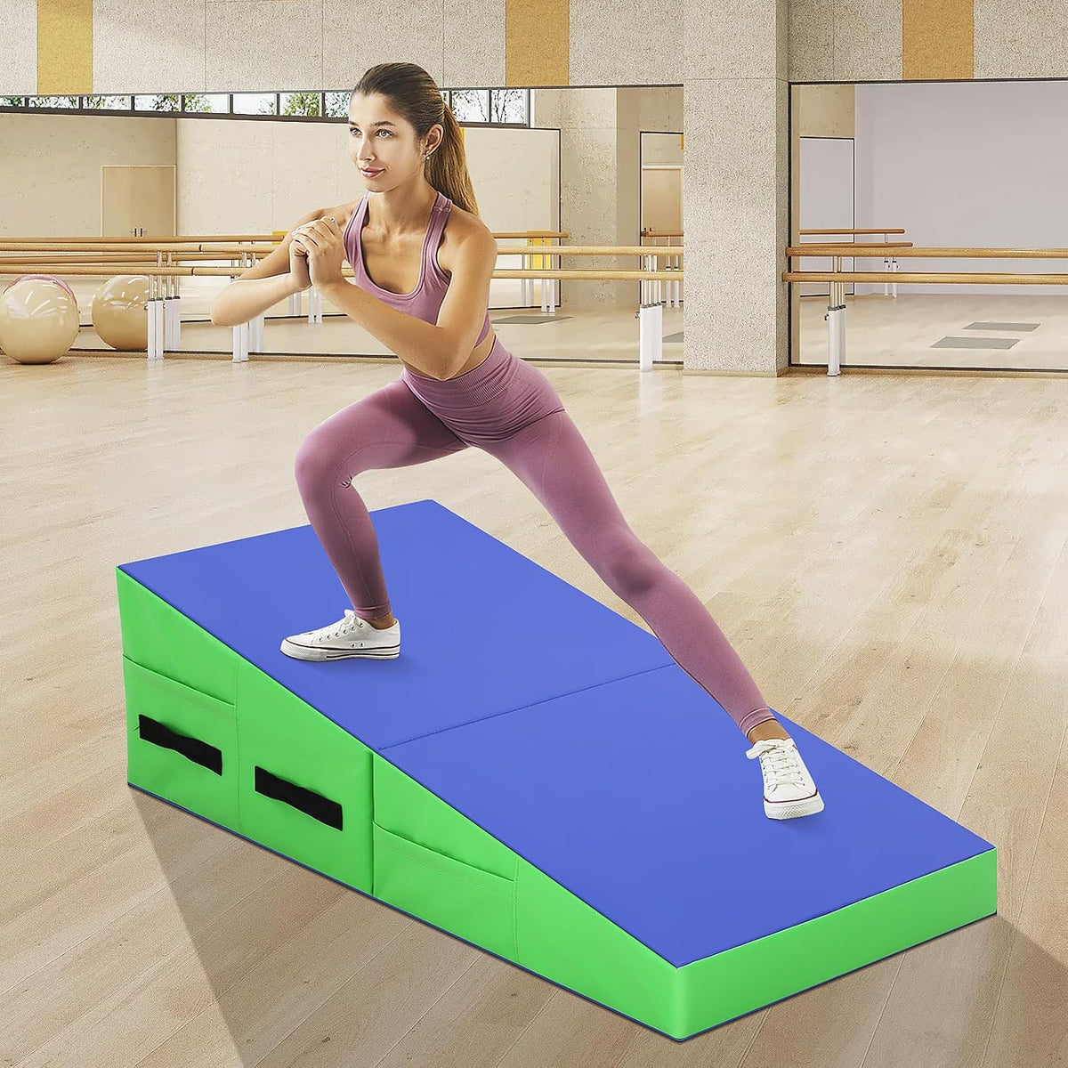 Gymnastics Mat Incline Tumbling Mats—Indoor/Outdoor Folding Cheese Wedge Mat with Non-Slip Surface & Handles for Kids Girls Training Exercise