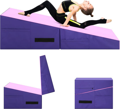 Gymnastics Mat Incline Tumbling Mats—Indoor/Outdoor Folding Cheese Wedge Mat with Non-Slip Surface & Handles for Kids Girls Training Exercise