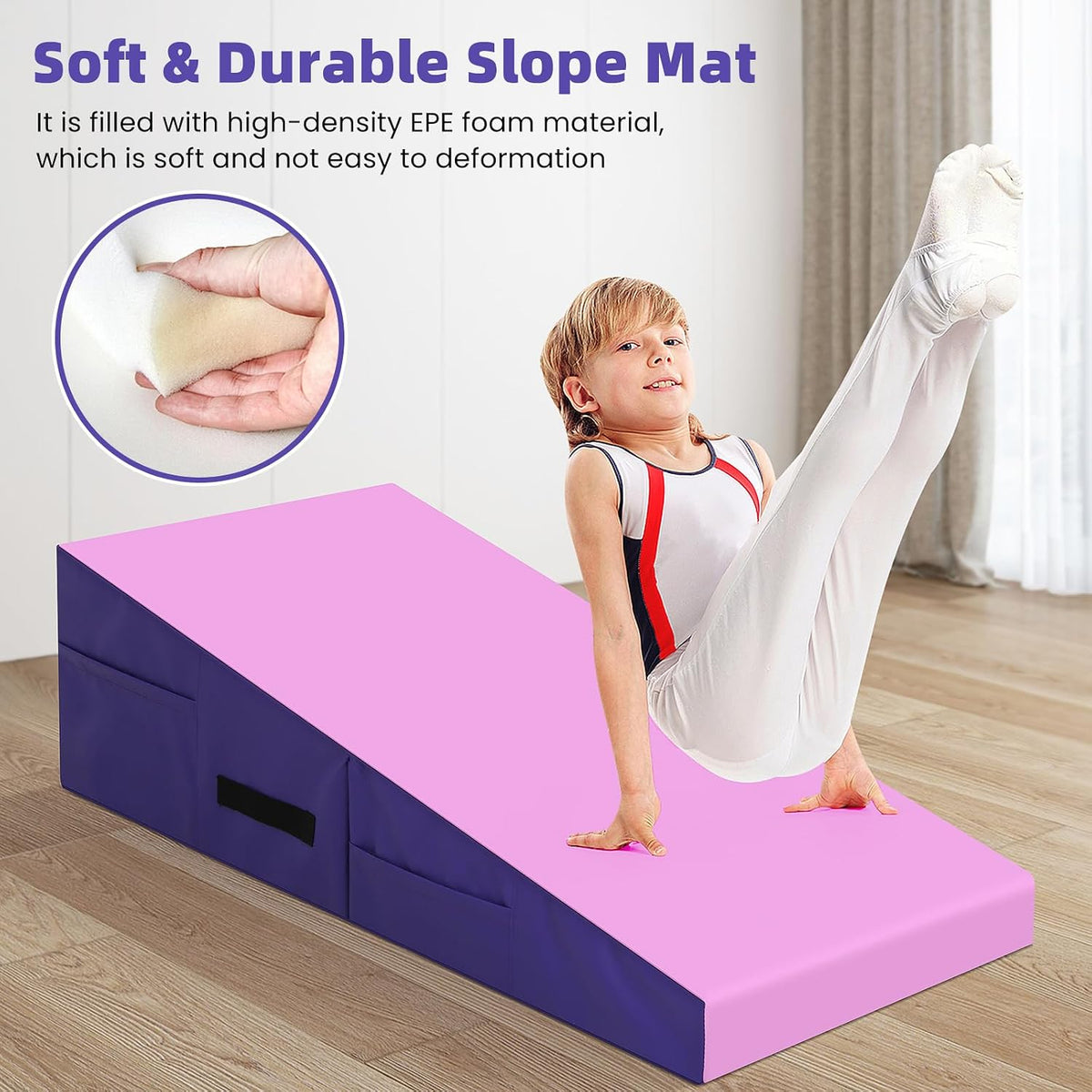 Gymnastics Mat Incline Tumbling Mats—Indoor/Outdoor Folding Cheese Wedge Mat with Non-Slip Surface & Handles for Kids Girls Training Exercise