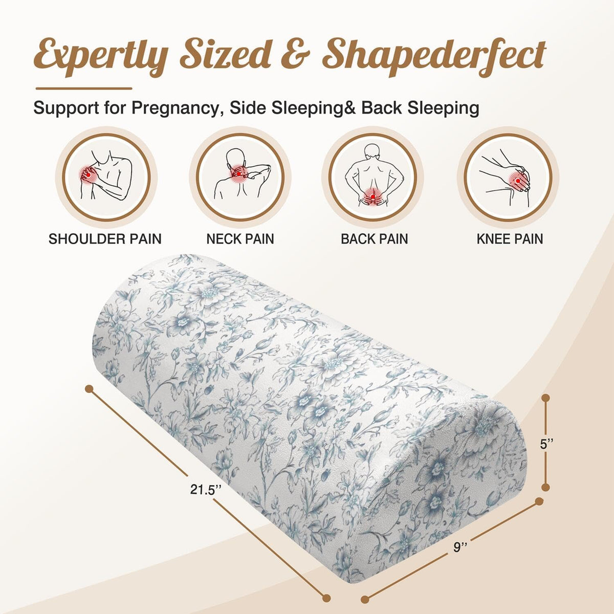 Knee Pillow for Back Sleeping – Half Moon Bolster Pillow for Under Knee While Sleeping Support, Leg & Back Pain Relief (21.5x9x5 Inches)
