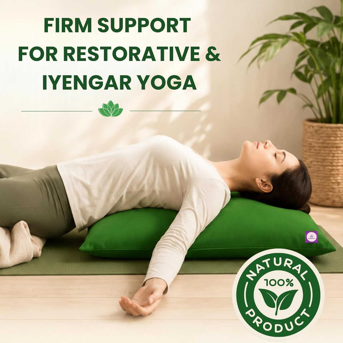 Iyengar Yoga Pillow (Green) | 100% Cotton Meditation & Yoga Cushion | Comfortable Floor & Kneeling Pillow for Restorative Yoga, Pranayama, Meditation & Stretching