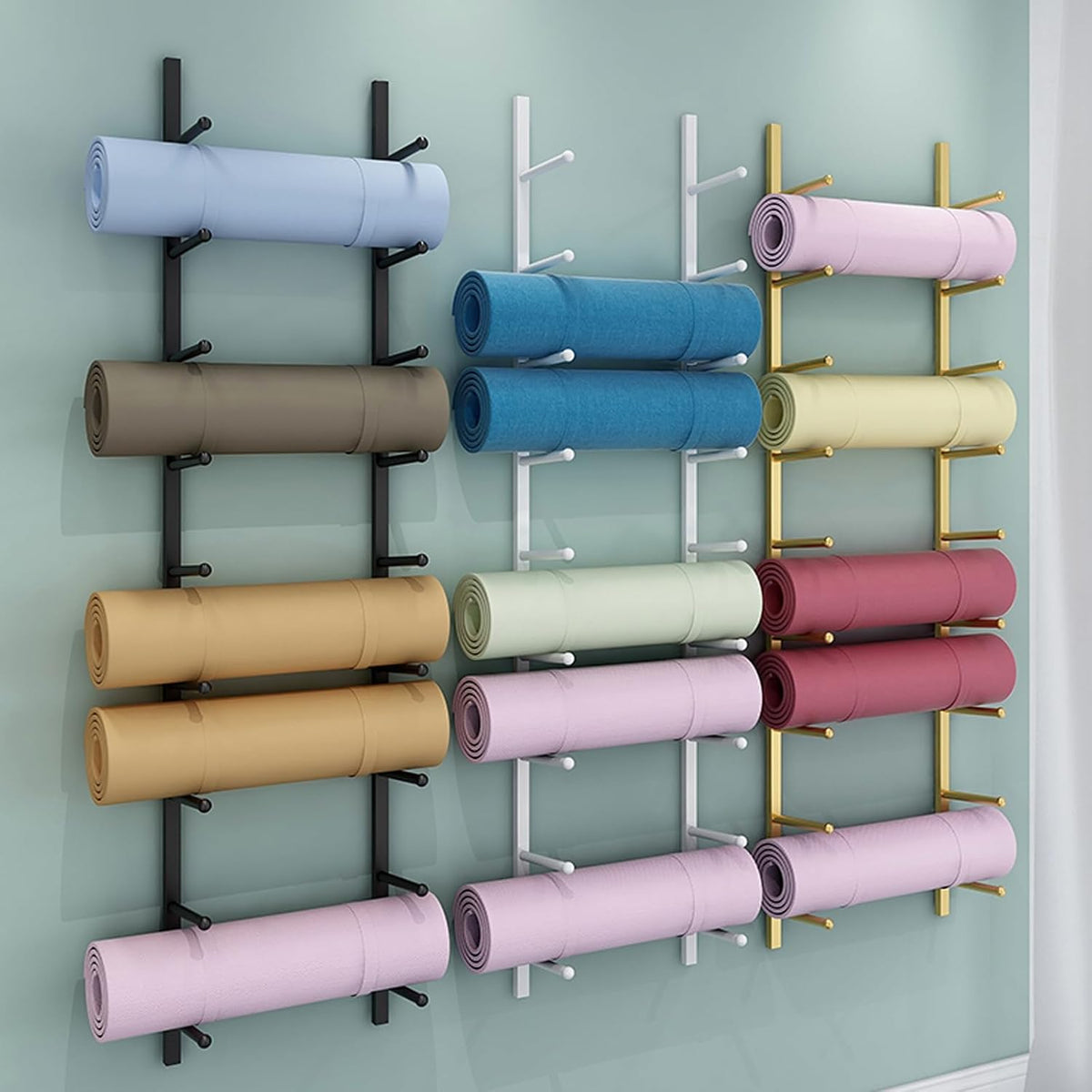 Yoga Mat Storage Rack, Wall Mounted Yoga Mat Holder, Large Capacity Storage Shelf, Multi-layer Storage, Home Hanging Storage Racks, Suitable for Home, Yoga Studio, Gym, School(Gold,3-Tier)