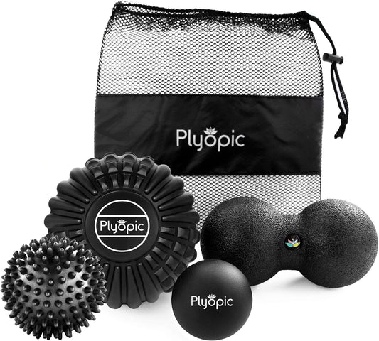 Deep Tissue Massage Ball Set – Set of 4: Lacrosse, Spiky, Peanut and 5” Foam Roller Massager Balls for Muscle Massage, Mobility, Trigger Points and Myofascial Release