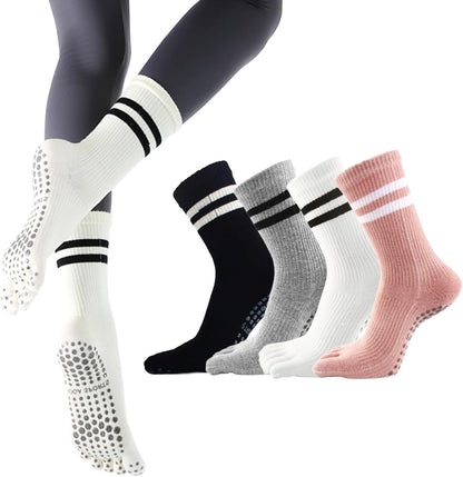 Pilates Socks for Women, Non Slip Yoga Five Toe Grippy Socks for Hospital Barre Sticky Gym Slipper Socks 4 Pairs