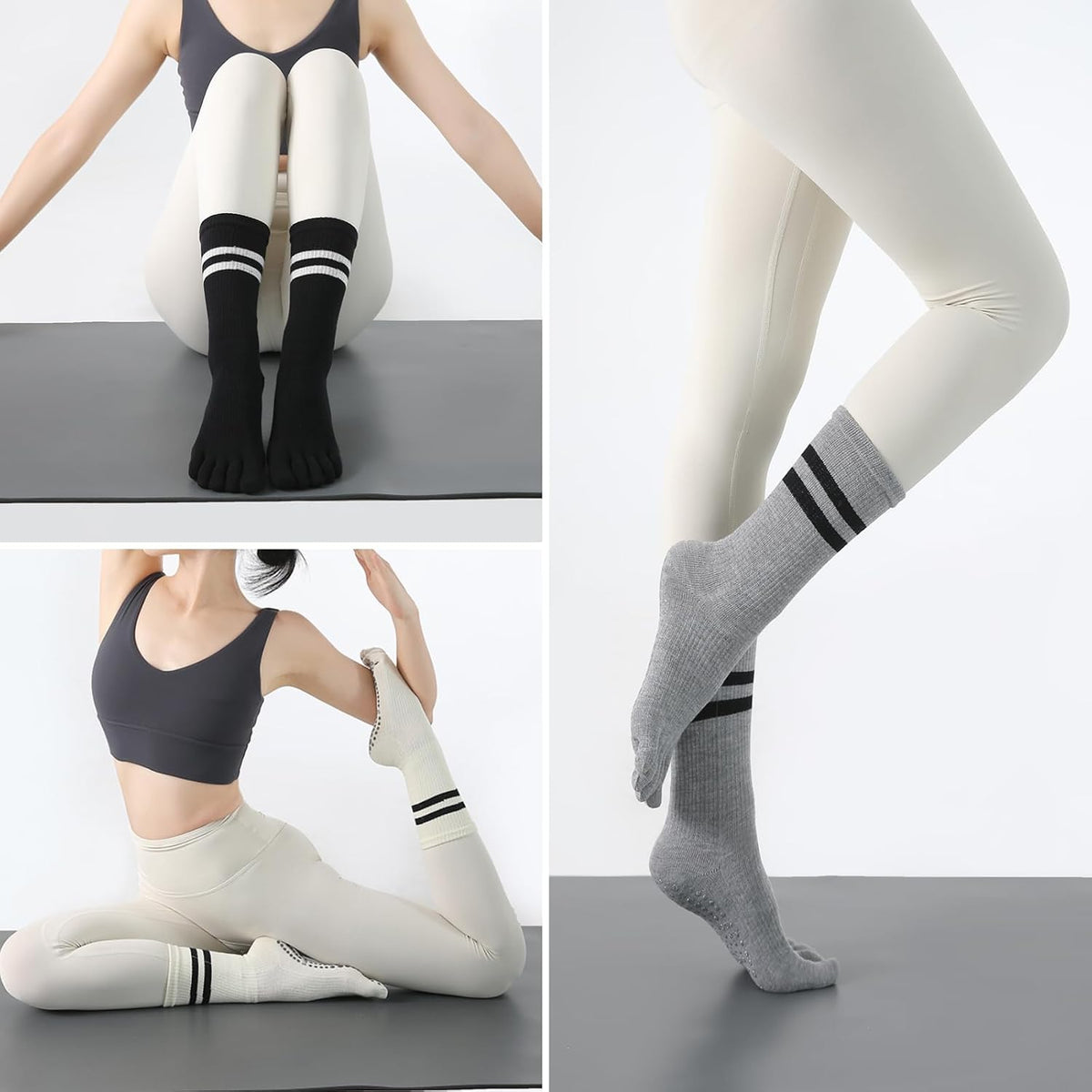 Pilates Socks for Women, Non Slip Yoga Five Toe Grippy Socks for Hospital Barre Sticky Gym Slipper Socks 4 Pairs