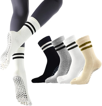 Pilates Socks for Women, Non Slip Yoga Five Toe Grippy Socks for Hospital Barre Sticky Gym Slipper Socks 4 Pairs