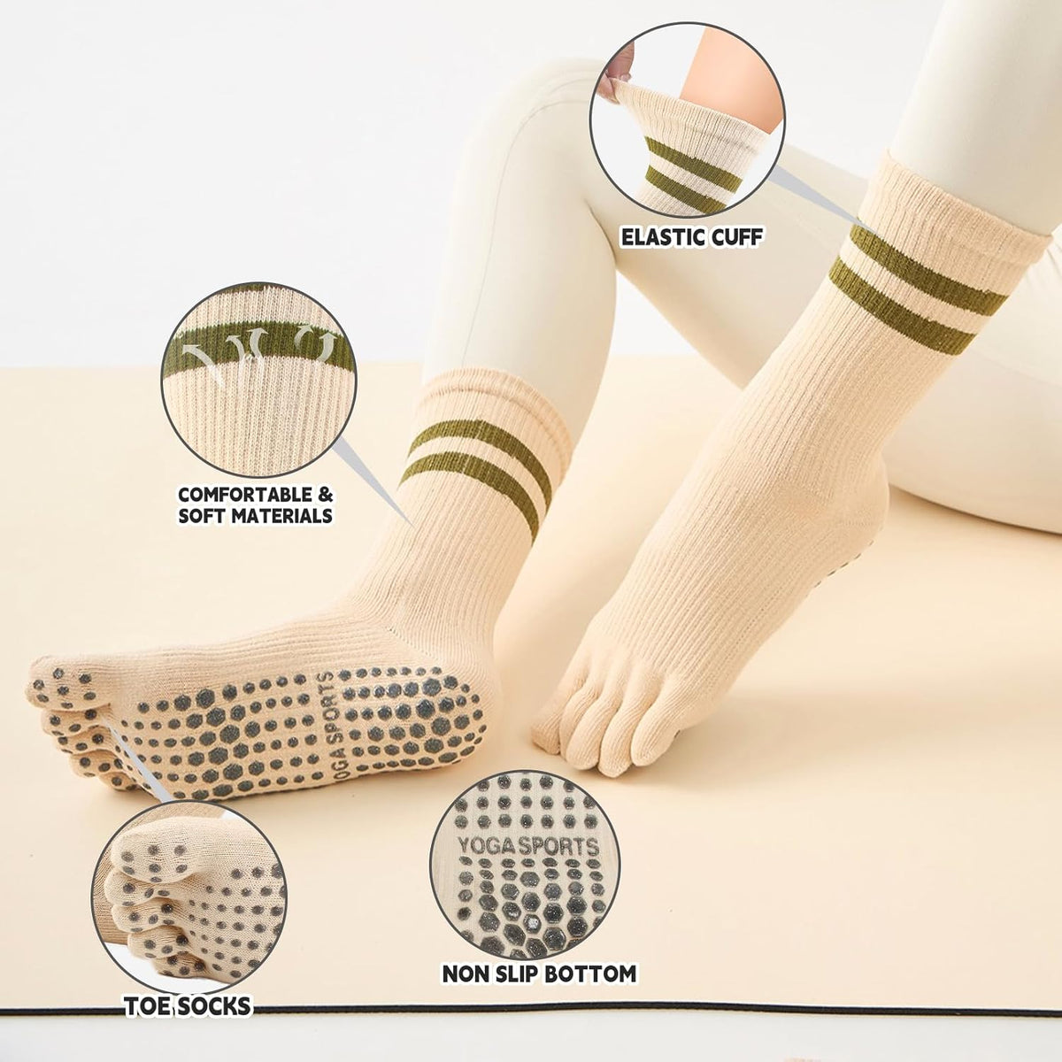 Pilates Socks for Women, Non Slip Yoga Five Toe Grippy Socks for Hospital Barre Sticky Gym Slipper Socks 4 Pairs