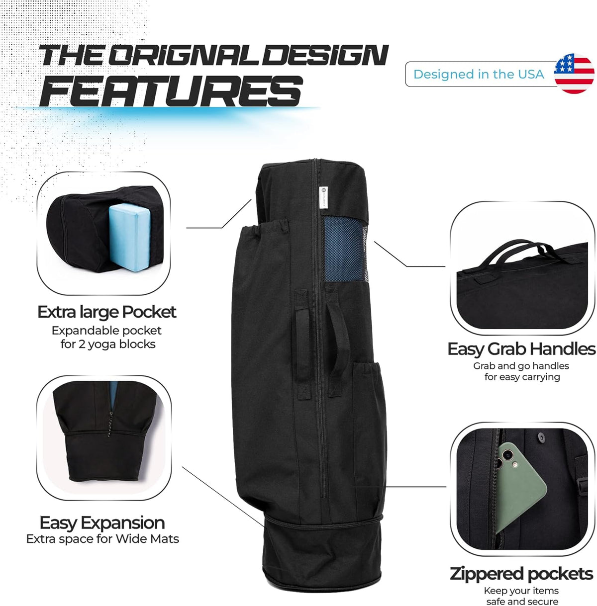 Expandable Yoga Mat Bag, Adjustable Strap, Black, Large