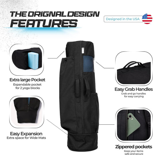 Expandable Yoga Mat Bag, Adjustable Strap, Black, Large