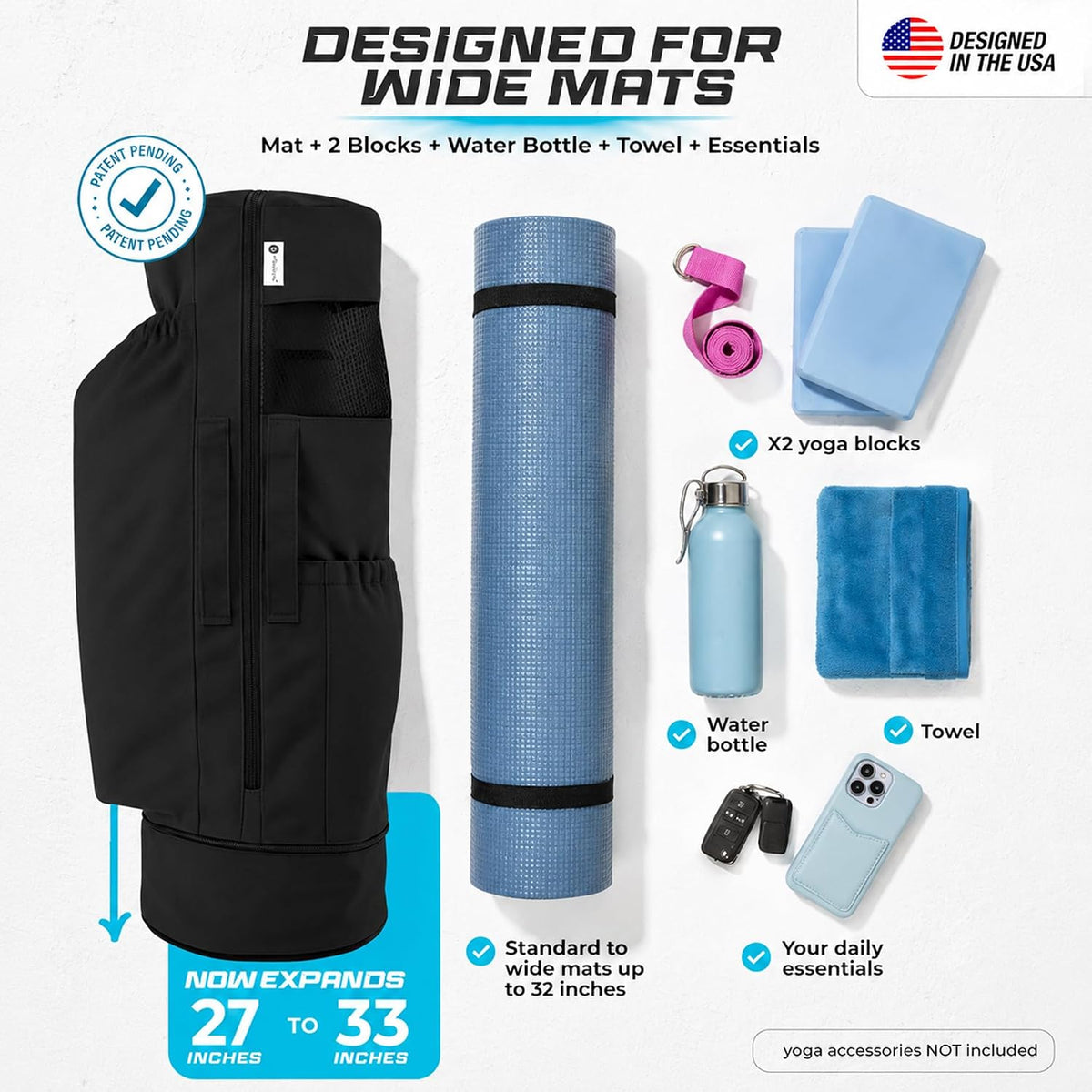 Expandable Yoga Mat Bag, Adjustable Strap, Black, Large