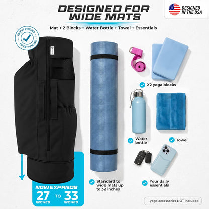 Expandable Yoga Mat Bag, Adjustable Strap, Black, Large