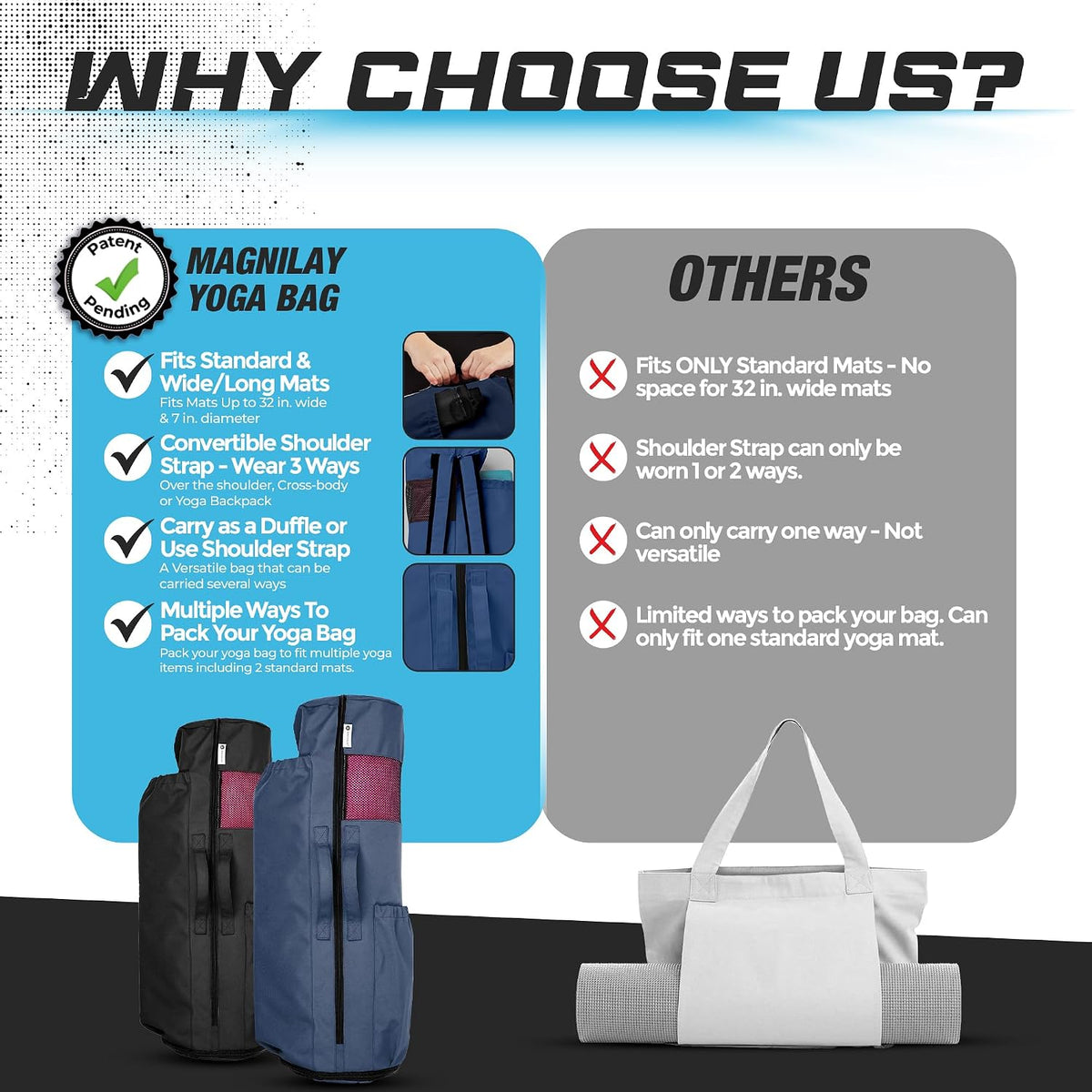 Expandable Yoga Mat Bag, Adjustable Strap, Black, Large