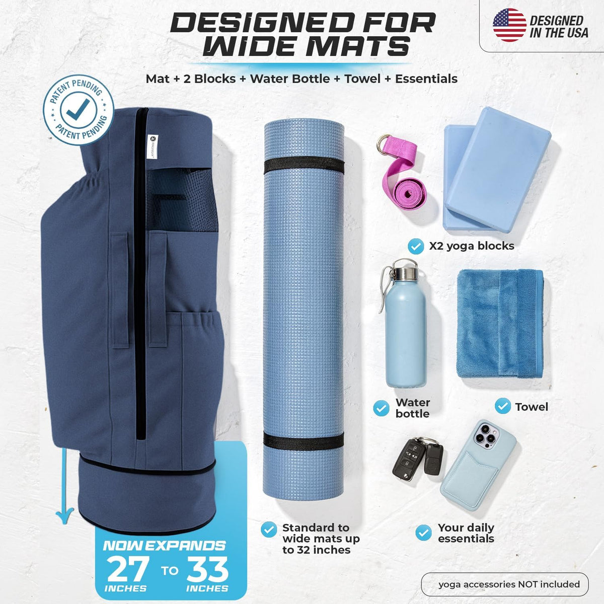 Expandable Yoga Mat Bag, Adjustable Strap, Black, Large