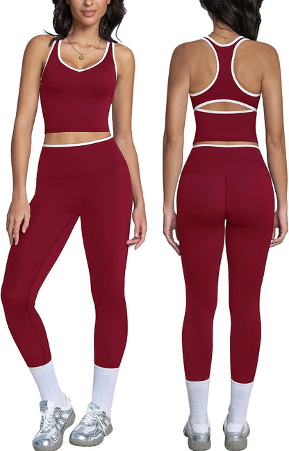 ABOCIW Womens Color Block Workout Sets Racerback Tank Top High Waist Leggings Gym Set Yoga Pilates Outfits