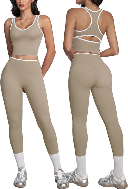 ABOCIW Womens Color Block Workout Sets Racerback Tank Top High Waist Leggings Gym Set Yoga Pilates Outfits