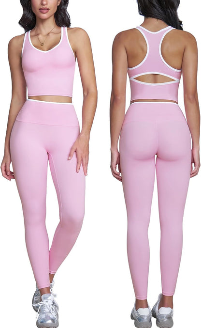 ABOCIW Womens Color Block Workout Sets Racerback Tank Top High Waist Leggings Gym Set Yoga Pilates Outfits