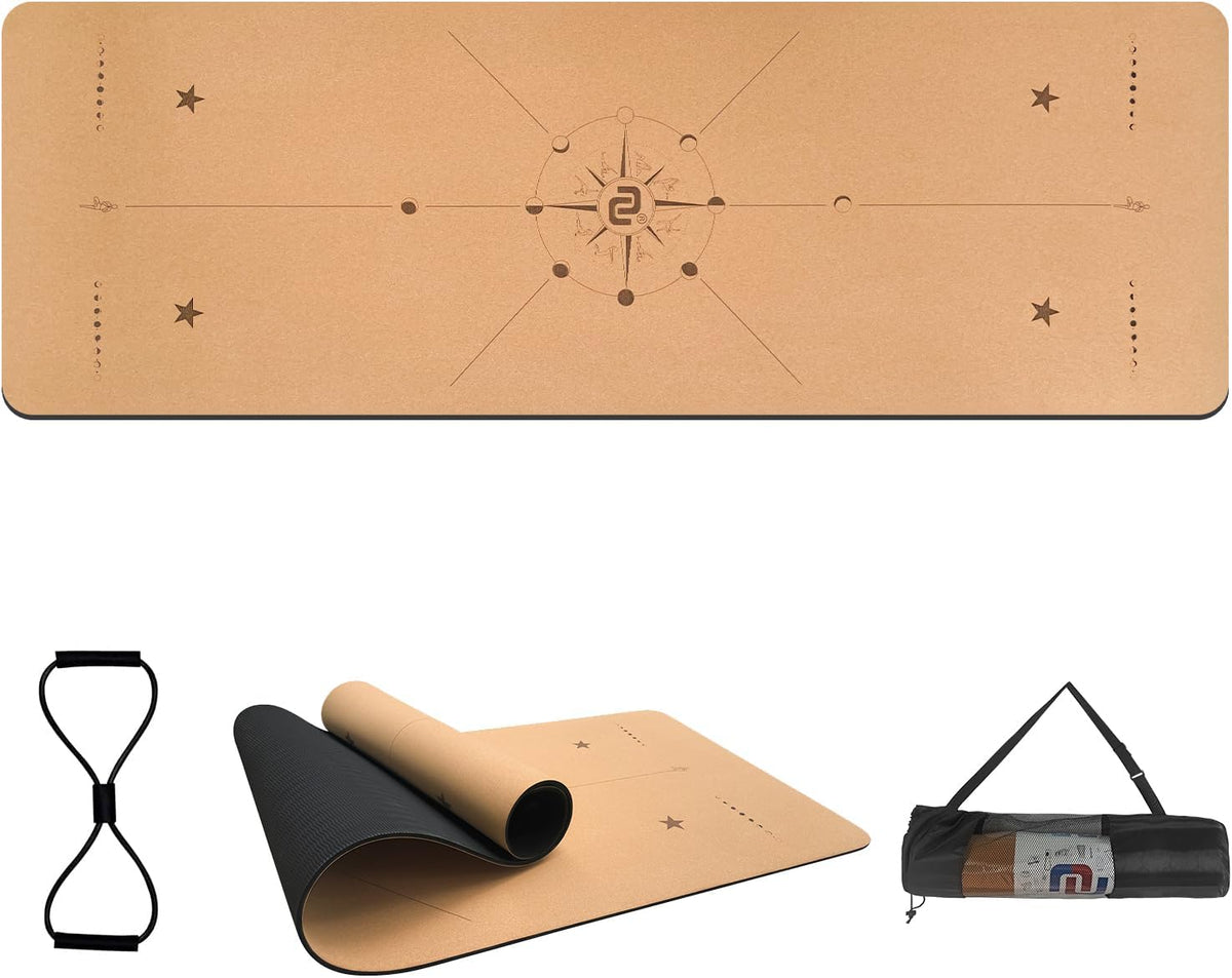 Numat Cork Yoga Mat 6mm (1/4 inch) Thick 72 x 24 in, Sweatproof NonSlip Eco-friendly, Lightweight TPE foam with Alignment Lines, Great for Hot Yoga, Pilates, Gym and Exercise, Black Carrying Bag w. Strap Included