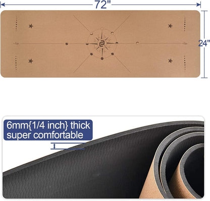Numat Cork Yoga Mat 6mm (1/4 inch) Thick 72 x 24 in, Sweatproof NonSlip Eco-friendly, Lightweight TPE foam with Alignment Lines, Great for Hot Yoga, Pilates, Gym and Exercise, Black Carrying Bag w. Strap Included