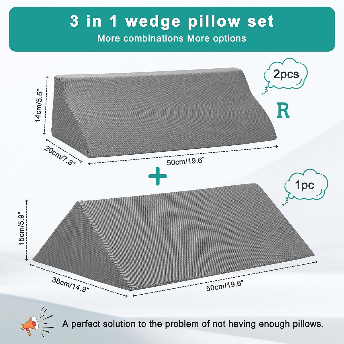 Positioning Wedge Pillow for Side Sleeping (3 in 1),19.69",Grey