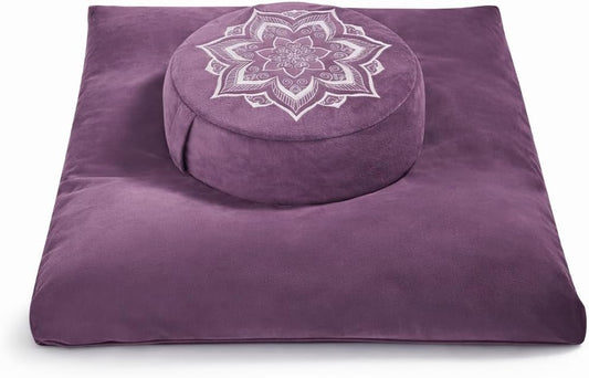 Meditation Cushion Set Zafu & Zabuton – Buckwheat Hull & Memory Foam, Adjustable Floor Pillow for Yoga, Meditation & Sitting, Removable Velvet Cover (Purple)