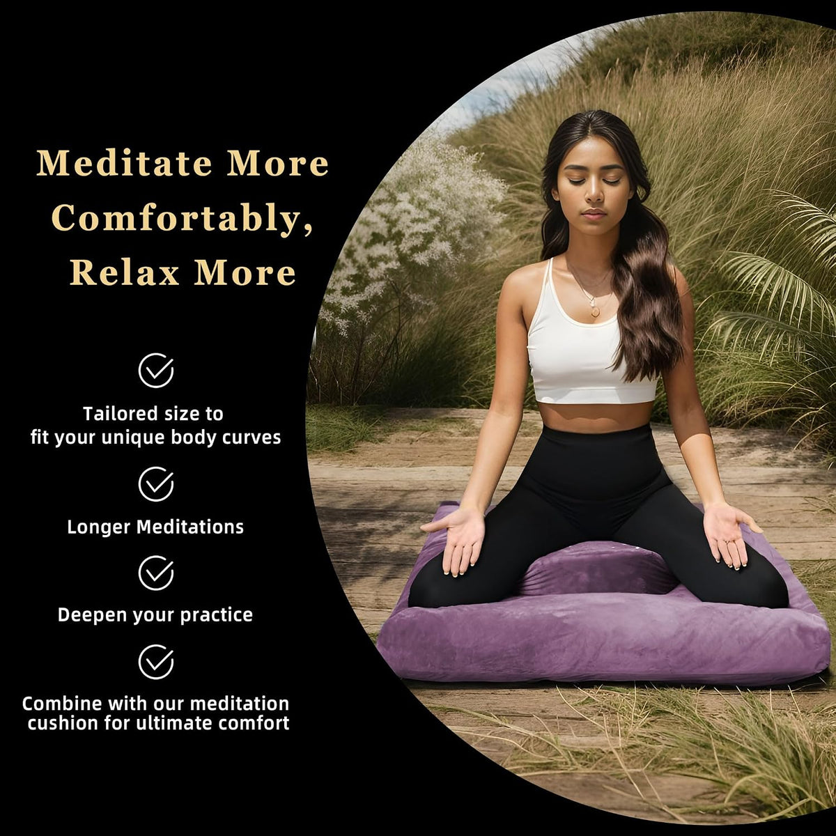 Meditation Cushion Set Zafu & Zabuton – Buckwheat Hull & Memory Foam, Adjustable Floor Pillow for Yoga, Meditation & Sitting, Removable Velvet Cover (Purple)