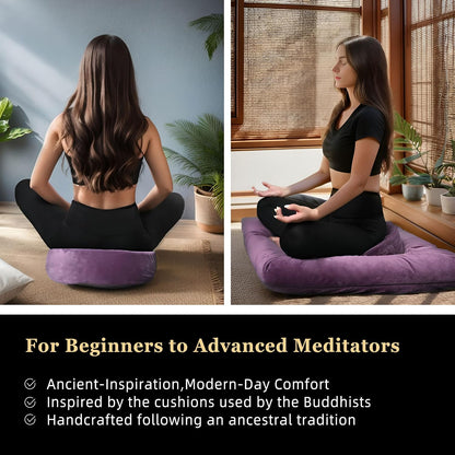 Meditation Cushion Set Zafu & Zabuton – Buckwheat Hull & Memory Foam, Adjustable Floor Pillow for Yoga, Meditation & Sitting, Removable Velvet Cover (Purple)