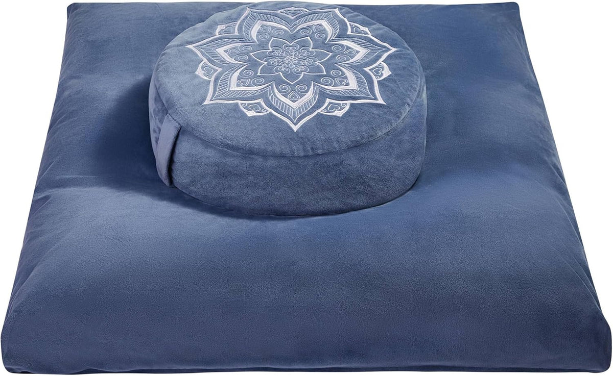 Meditation Cushion Set Zafu & Zabuton – Buckwheat Hull & Memory Foam, Adjustable Floor Pillow for Yoga, Meditation & Sitting, Removable Velvet Cover (Purple)