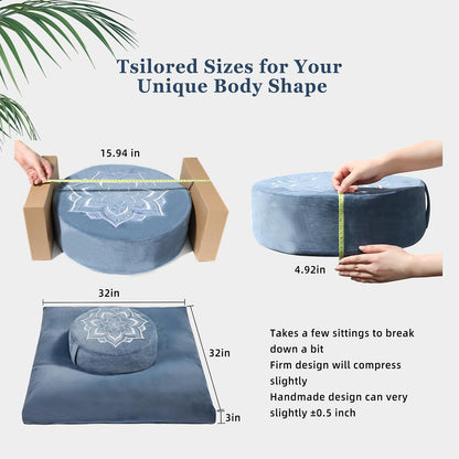 Meditation Cushion Set Zafu & Zabuton – Buckwheat Hull & Memory Foam, Adjustable Floor Pillow for Yoga, Meditation & Sitting, Removable Velvet Cover (Purple)