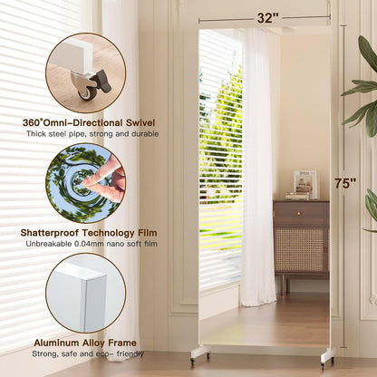 Rolling Shatterproof NanoMirror with Wheels, 75 x 32 in, White