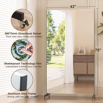 Rolling Shatterproof NanoMirror with Wheels, 75 x 32 in, White