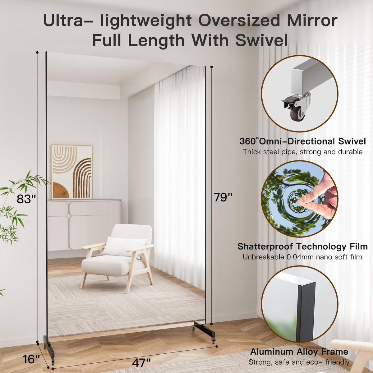 Rolling Shatterproof NanoMirror with Wheels, 75 x 32 in, White