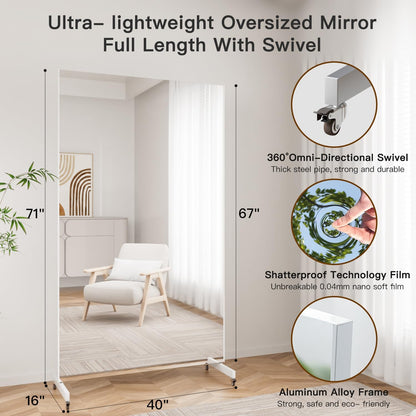 Rolling Shatterproof NanoMirror with Wheels, 75 x 32 in, White
