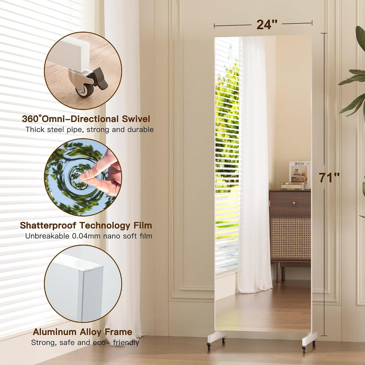 Rolling Shatterproof NanoMirror with Wheels, 75 x 32 in, White