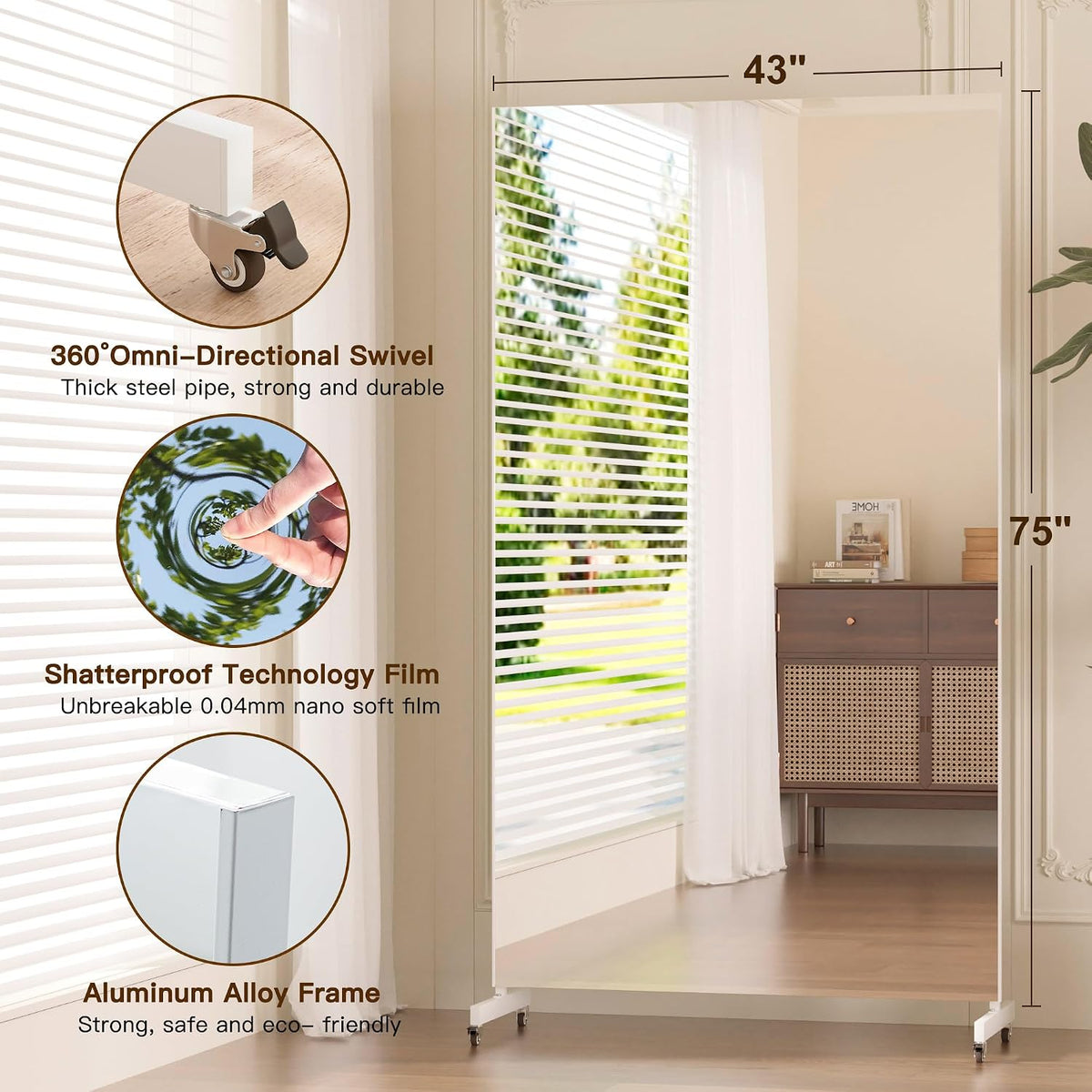 Rolling Shatterproof NanoMirror with Wheels, 75 x 32 in, White