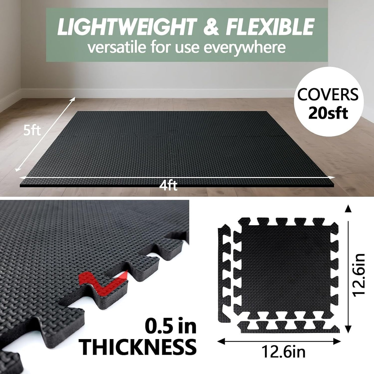 20 Sq Ft Gym Floor Mats, 0.5" Thick Interlocking Foam Tiles