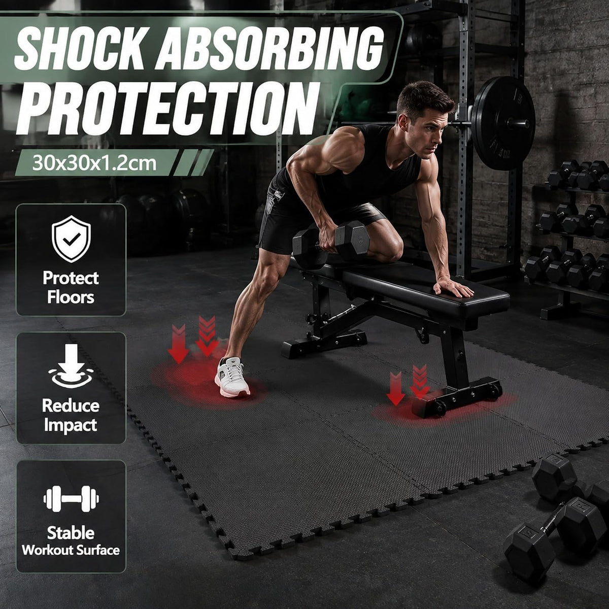 20 Sq Ft Gym Floor Mats, 0.5" Thick Interlocking Foam Tiles