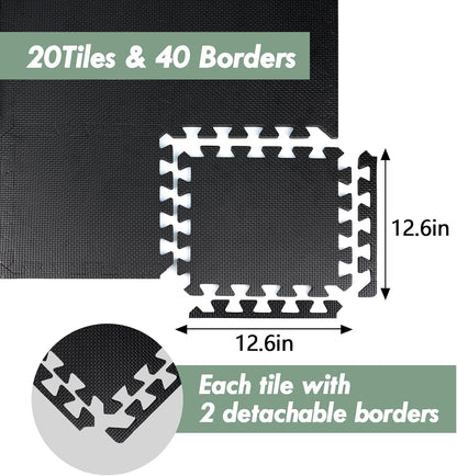 20 Sq Ft Gym Floor Mats, 0.5" Thick Interlocking Foam Tiles