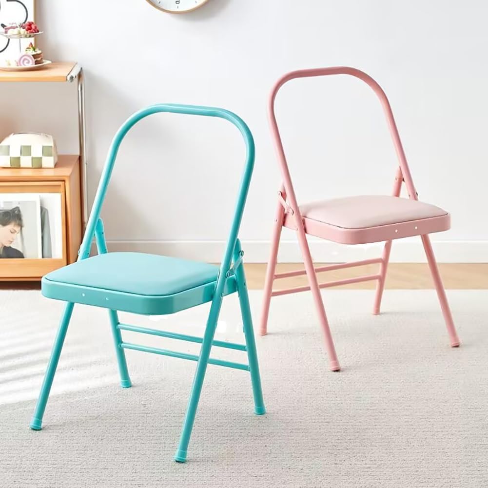 Yoga Auxiliary Chair,Metal Folding Chair,Flexibility and Strength Training and Back Pain Relieving,Foldable Balance Handstand Training Tool（Pink,Blue）,Blue-41cm*45cm*82.5cm