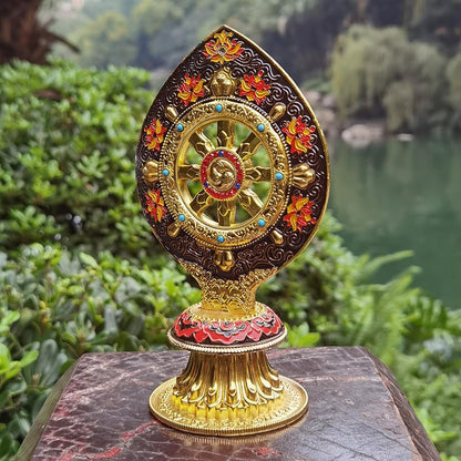 Peaceful Wheel of Dharma Statue - Gold Alloy Lotus Design for Zen Decor & Mindfulness, Spiritual Tabletop Art for Meditation, Yoga Studio & Home Office