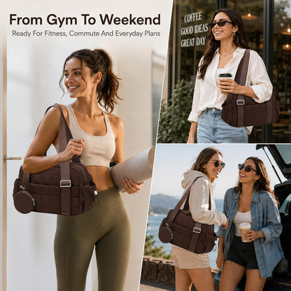 Mini Gym Bag for Women, Small Gym Tote Bag Puffy Quilted Sports Duffel Bag with Wet Compartment and Coin Purse Duffel Bags Dance Yoga Workout Bag for Gifts (All Black, Mini-12.6")