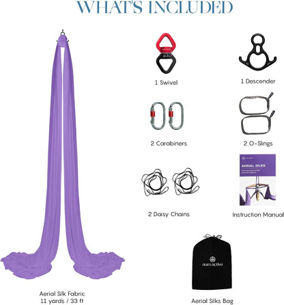 Aerial Silks Yoga Hammock Kit, 11 Yards, Hardware and Swivel