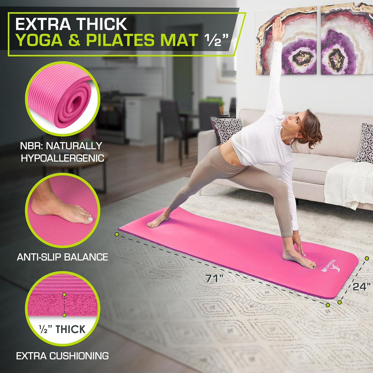 Extra Thick Yoga and Pilates Mat, 71-inch Long High Density Exercise Mat with Comfort Foam and Carrying Strap