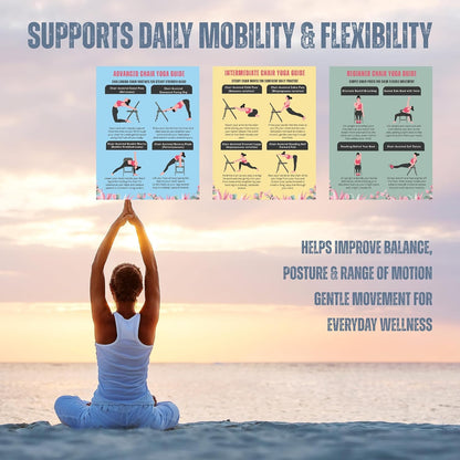 Chair Yoga Exercise Chart for Seniors and Beginners, 3-Level Program, Seated and Chair-Assisted Poses, Flexibility, Balance and Pain Relief, Large Workout Poster