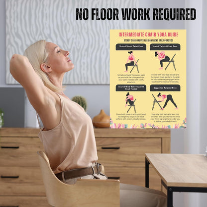 Chair Yoga Exercise Chart for Seniors and Beginners, 3-Level Program, Seated and Chair-Assisted Poses, Flexibility, Balance and Pain Relief, Large Workout Poster
