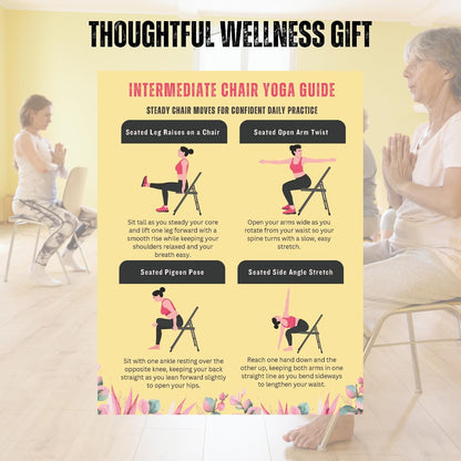 Chair Yoga Exercise Chart for Seniors and Beginners, 3-Level Program, Seated and Chair-Assisted Poses, Flexibility, Balance and Pain Relief, Large Workout Poster
