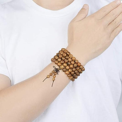 Handmade Mala Beads Bracelet 108 8mm Prayer Meditation Bracelet Sandalwood Elastic, Buddhist Beads, Prayer Mala Necklace for Men and Women Gifts